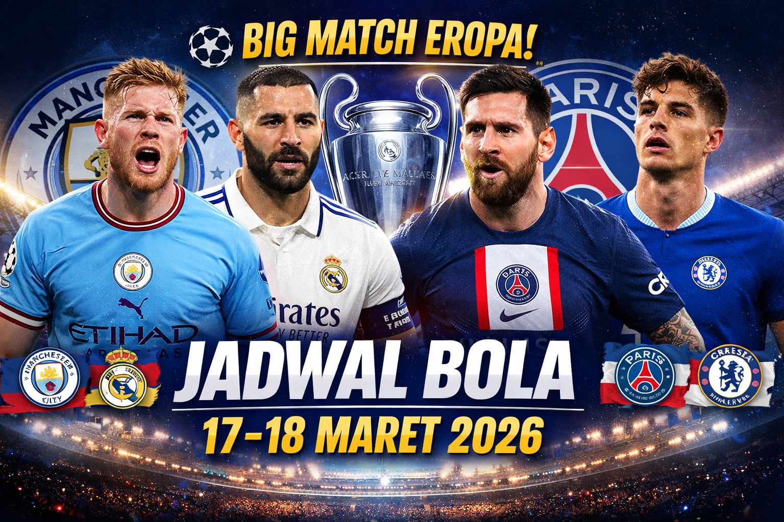 Jadwal Bola 17–18 Maret 2026: Big Match Liga Champions Siap Mengguncang Eropa