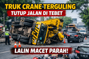 Truk Crane Terguling Tutup Sebagian Jalan di Tebet, Lalin Macet