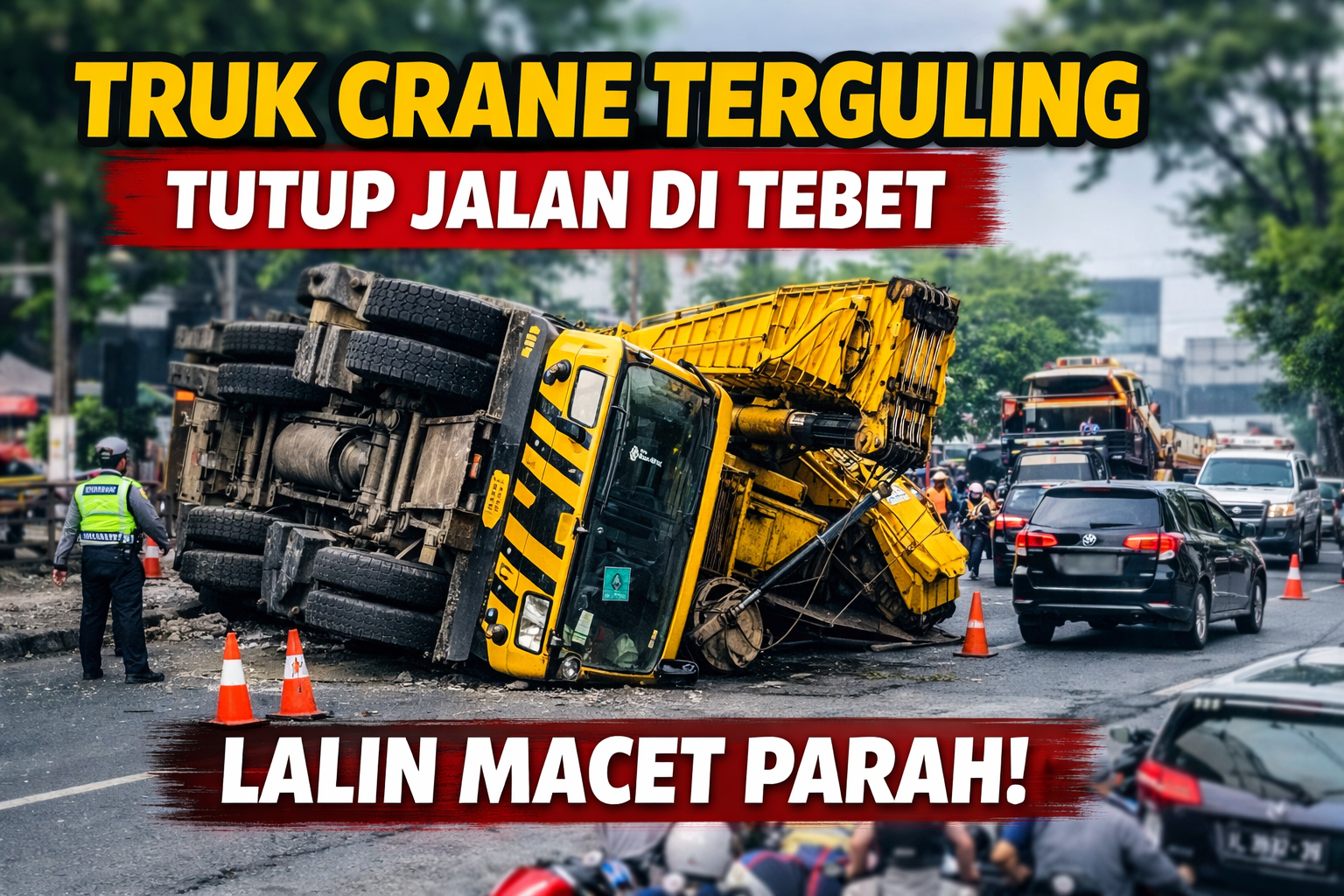 Truk Crane Terguling Tutup Sebagian Jalan di Tebet, Lalin Macet